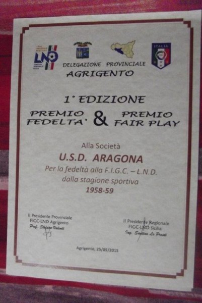 IL PREMIO FEDELTA' ASSEGNATO ALLA U.S.D. ARAGONA